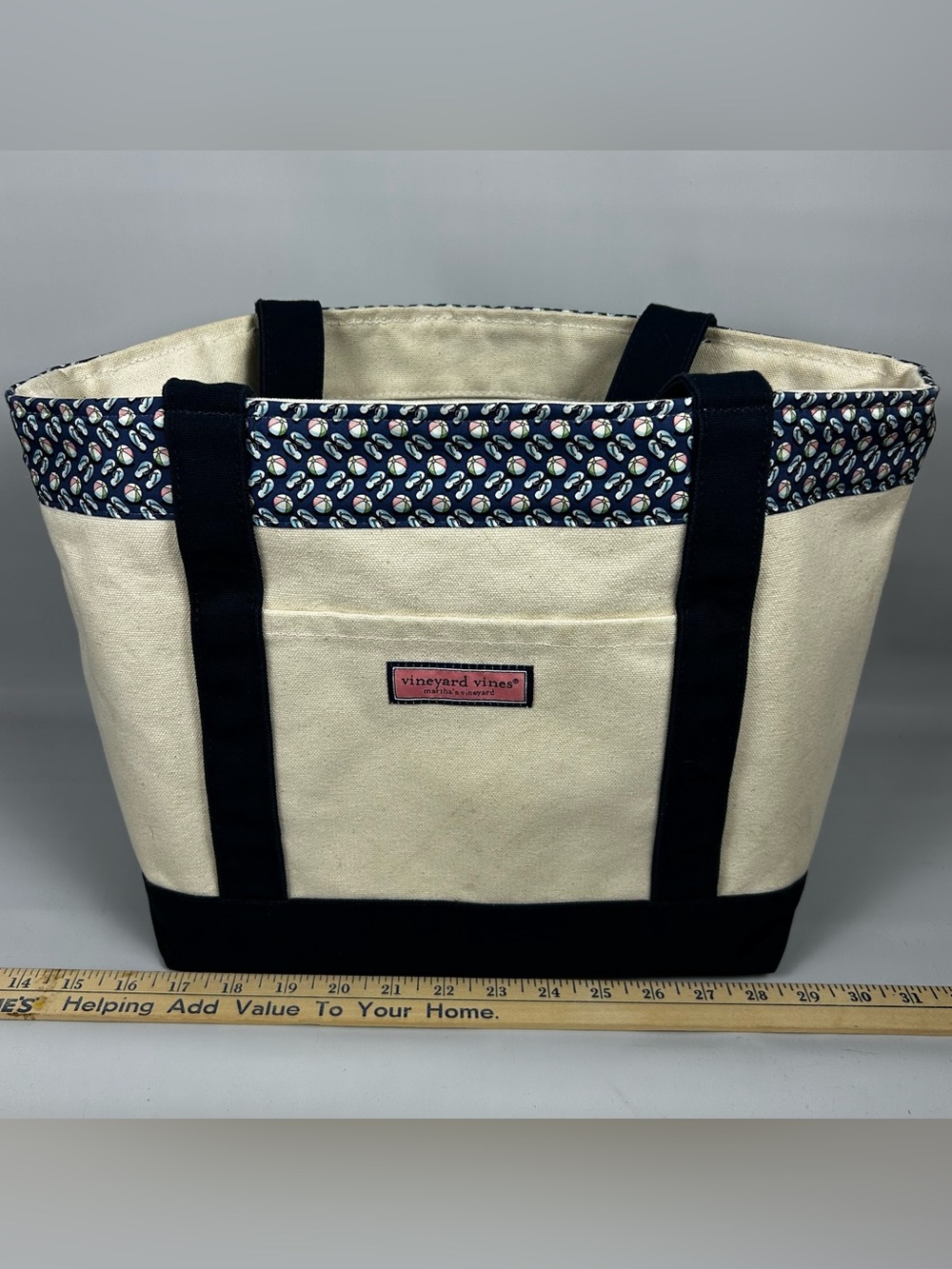 Vineyard Vines Cream Canvas Tote with Navy Trim and Patterned Band